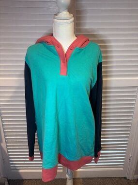Lands’ End Colorblock Hoodie XL Teal Pink Navy 90s Style